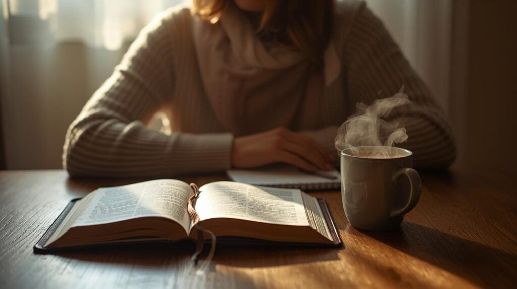 woman sitting at wooden table with a Bible and journal and cup of coffee.