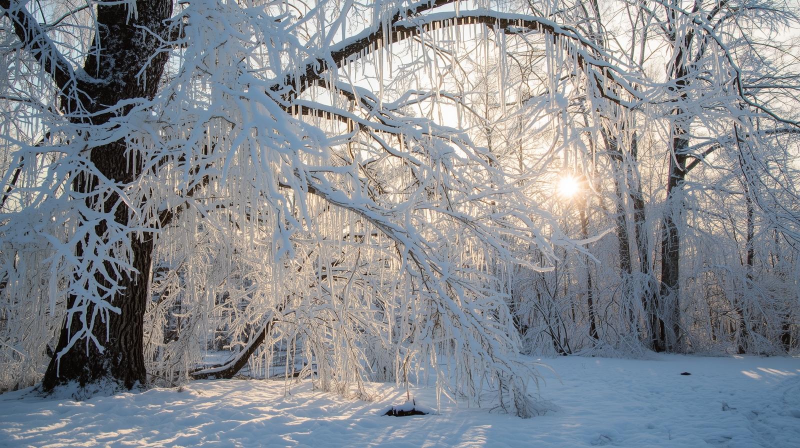 ice-covered tree in the woods with snow all around.