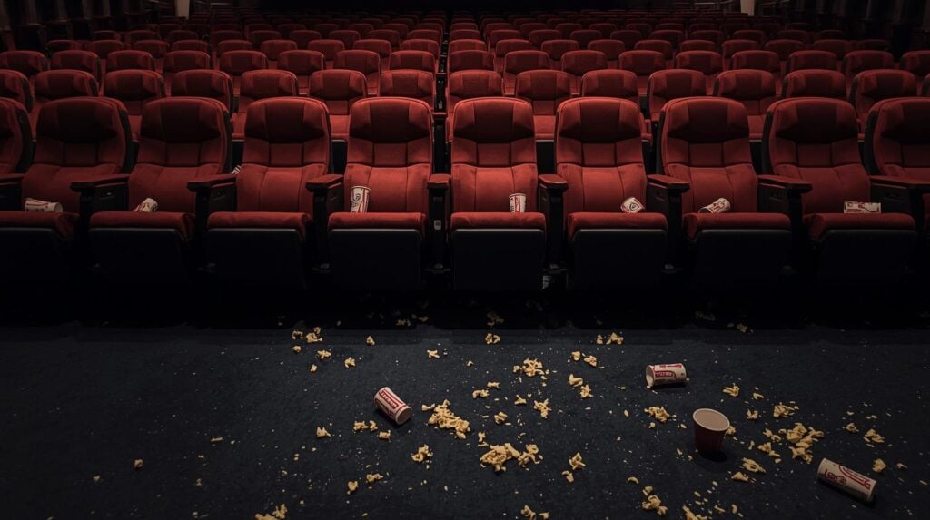 empty movie theater after a show with cups and trash everywhere.