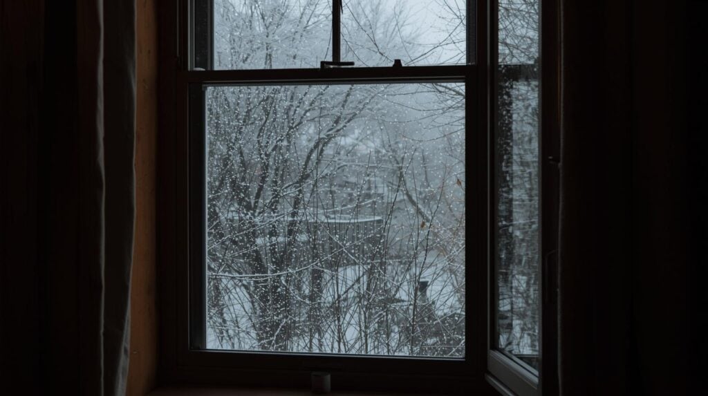 inside looking through a window to snow falling outside.