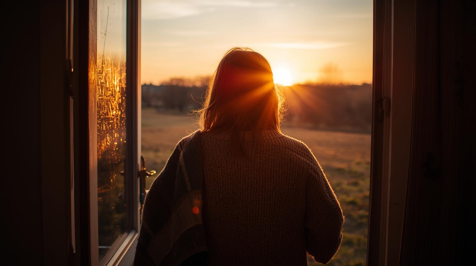 woman from the back wrapped in a blanket facing the warm morning sunlight.