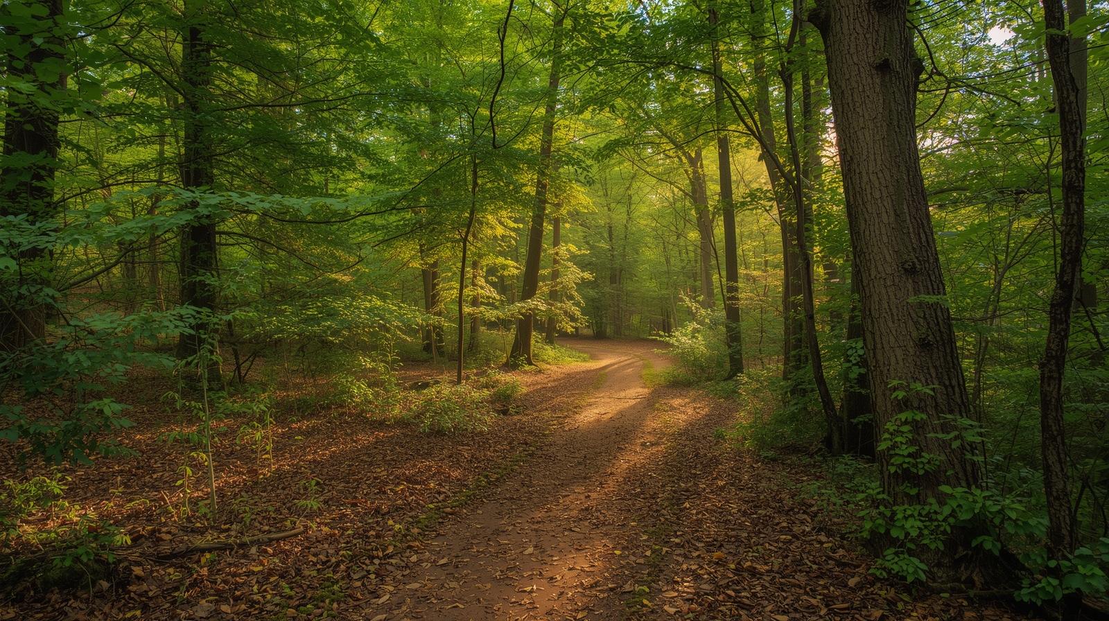 trail through the forest with sunlight streaming through.