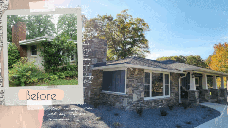 before and after photo of farmhouse renovation.