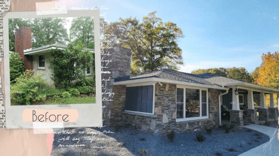 before and after photo of farmhouse renovation.