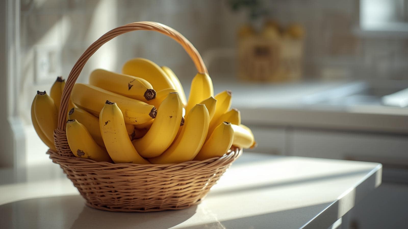 bananas in a basket on a kitchen counter.
