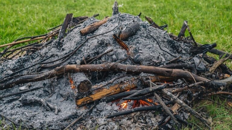 burned brush pile in a field.