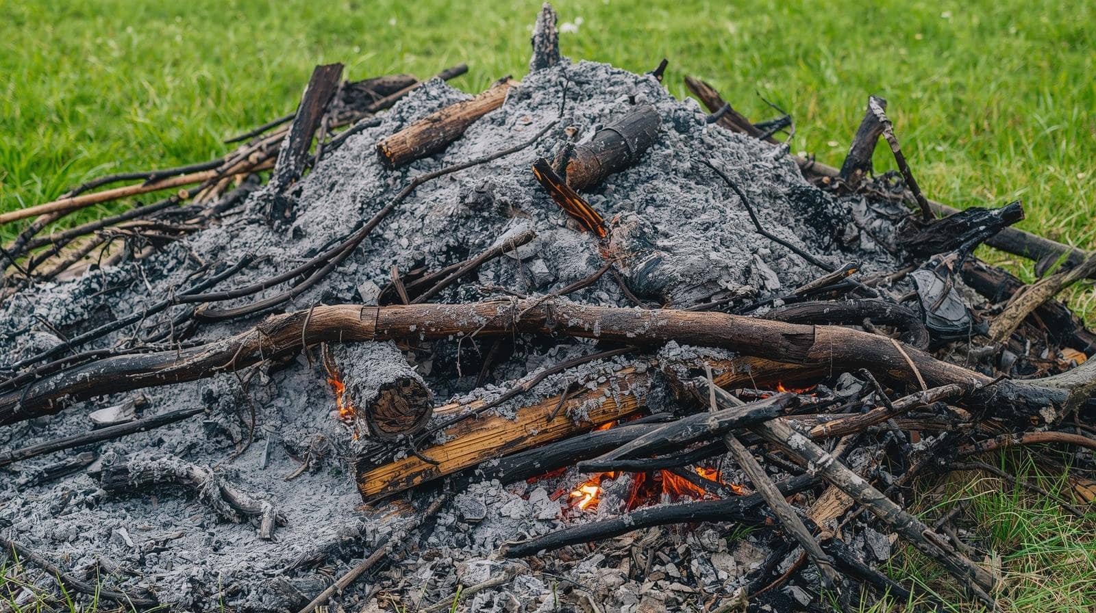 burned brush pile in a field.