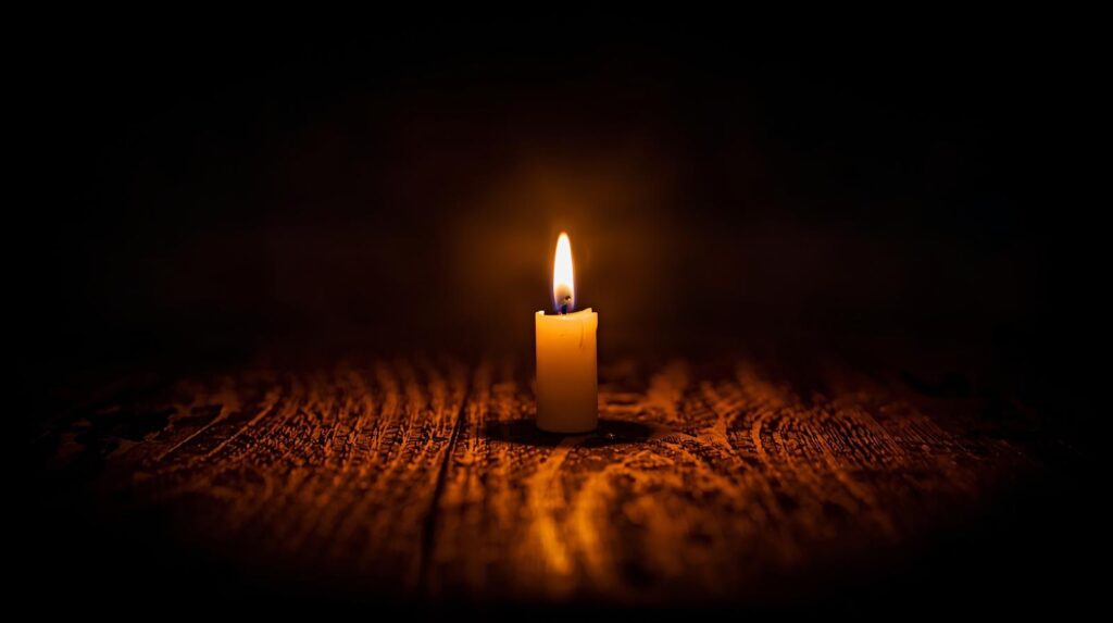 lit candle on wooden table.
