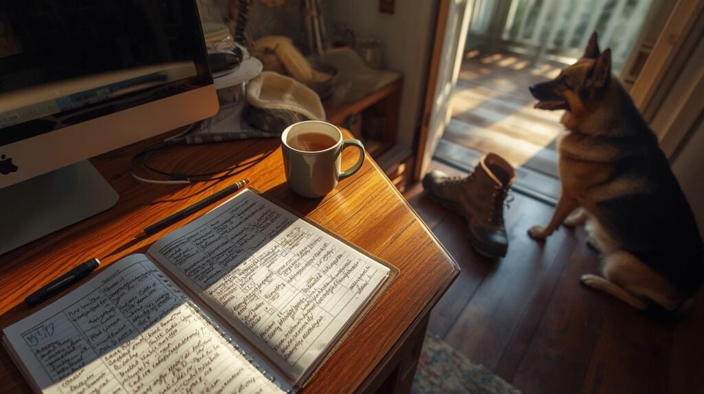 planning book on desk with hiking boots and dog waiting at the door for a walk.