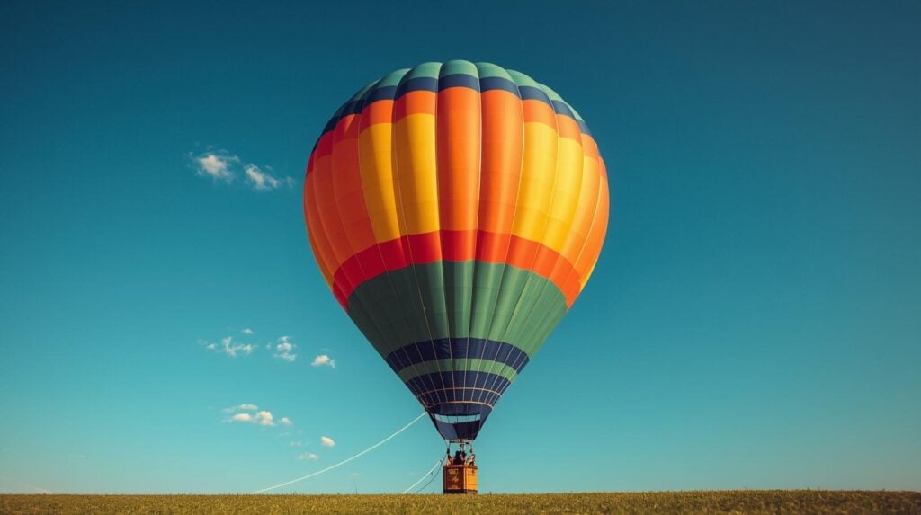 colorful hot air balloon roped to ground.