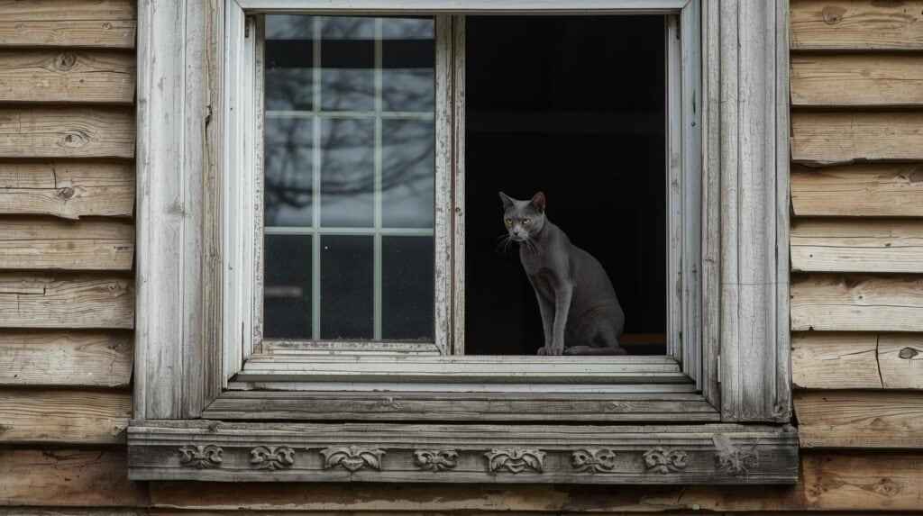 gray cat sitting in window of old house.