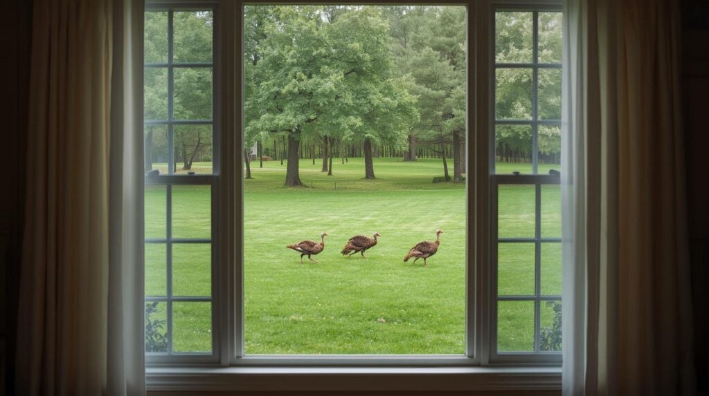 large picture window with a view of wild turkeys walking across the yard.
