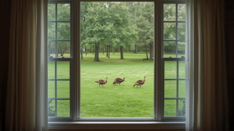 large picture window with a view of wild turkeys walking across the yard.