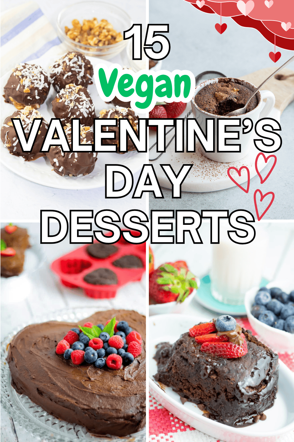 photo collage of vegan desserts for valentine's day.