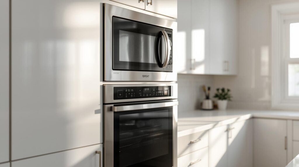 bright white kitchen with wall oven and microwave.