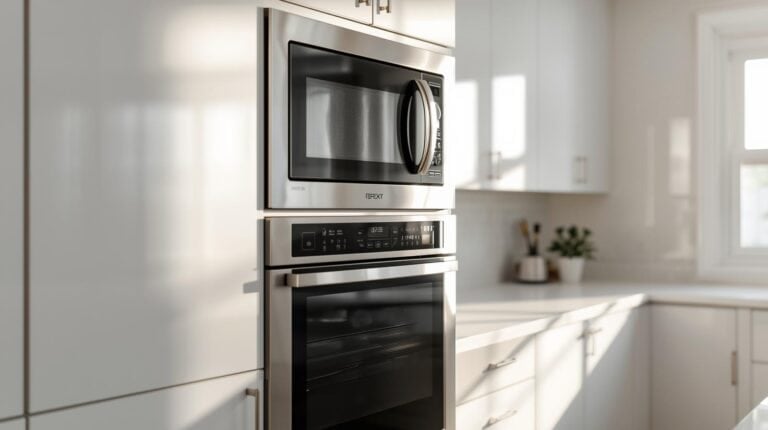 bright white kitchen with wall oven and microwave.