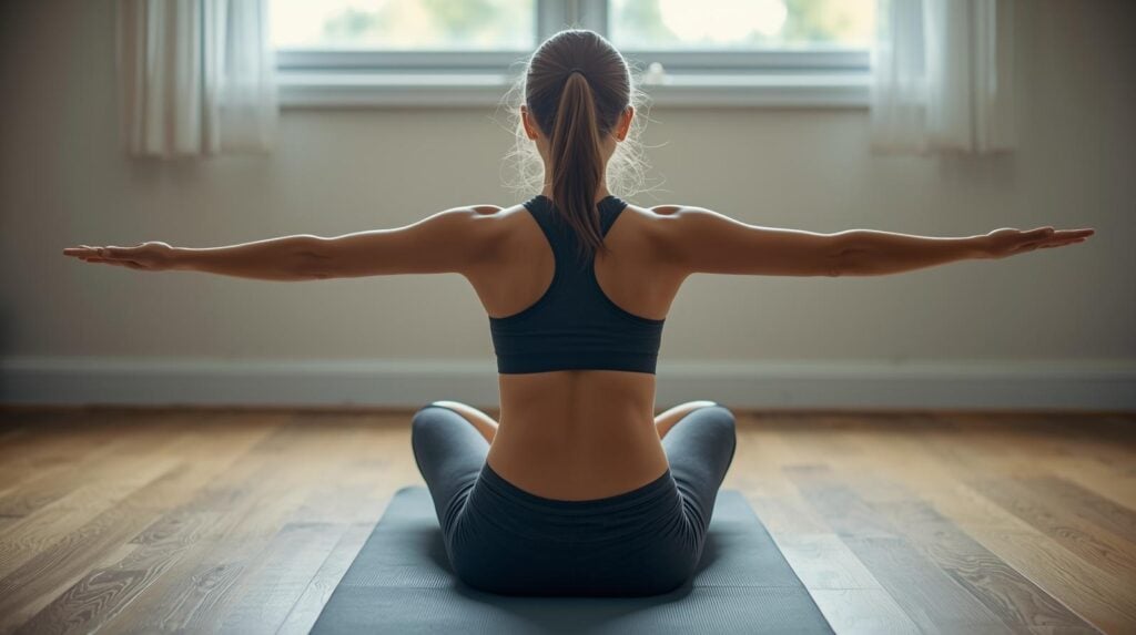 woman seated on yoga mat in front of window doing arm stretches.