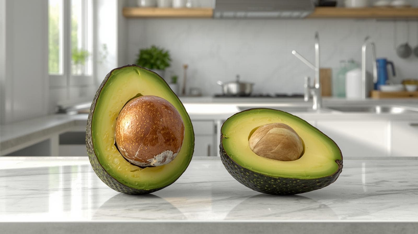 two avocado halves on a kitchen counter.