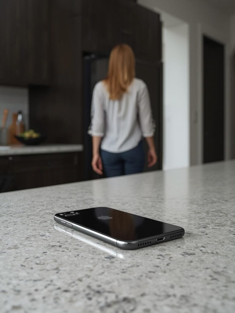 cell phone on kitchen counter face down with a woman walking away.