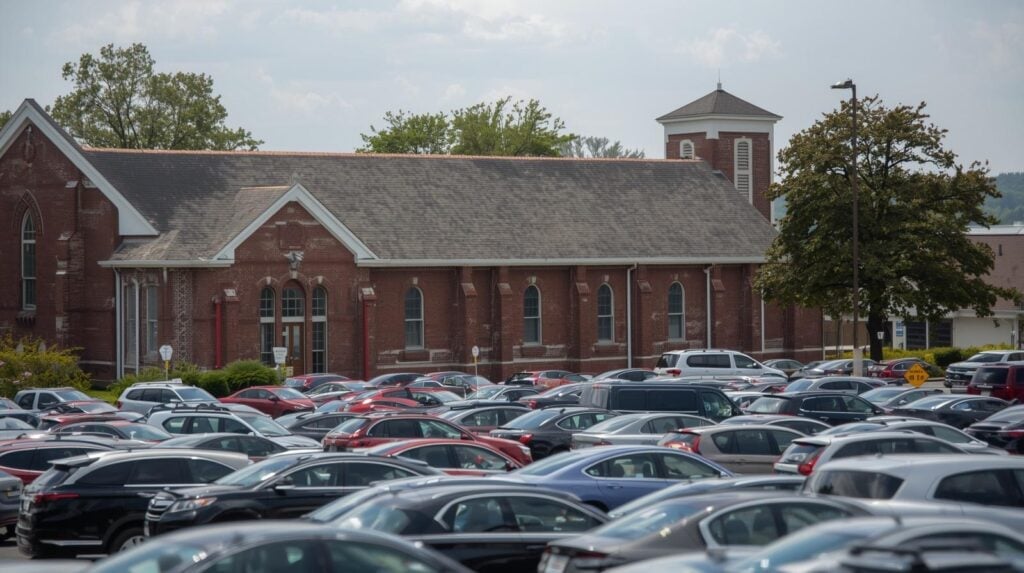 church parking lot overflowing with cars.