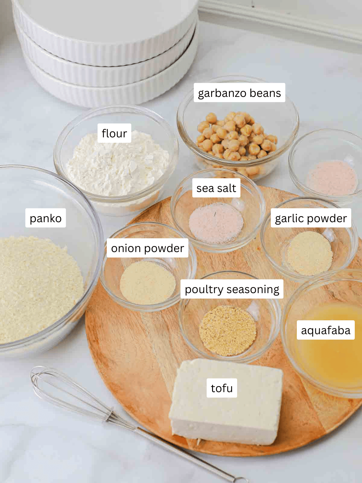 breaded crispy tofu ingredients in pinch bowls and labled.