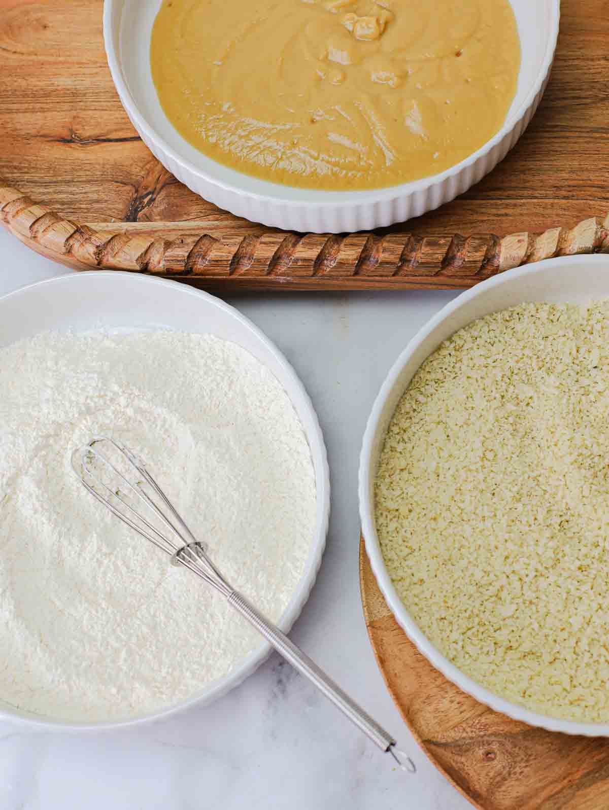 batter bowls for breaded tofu that include flour, panko, and bean puree.