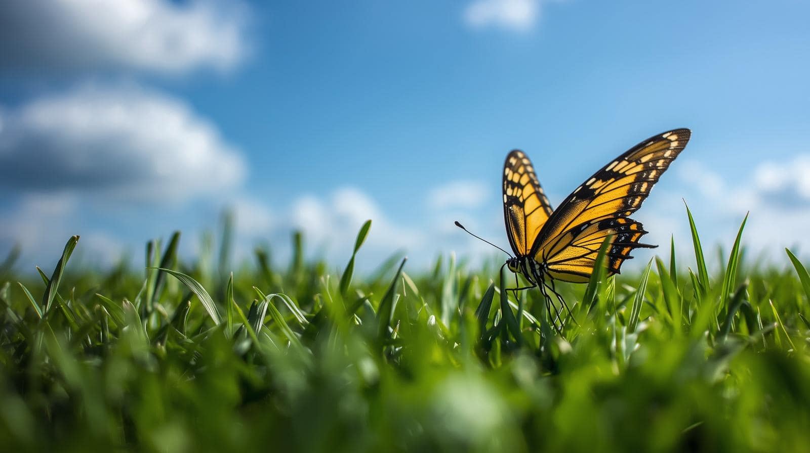 yellow and black monarch butterfly on green grass.