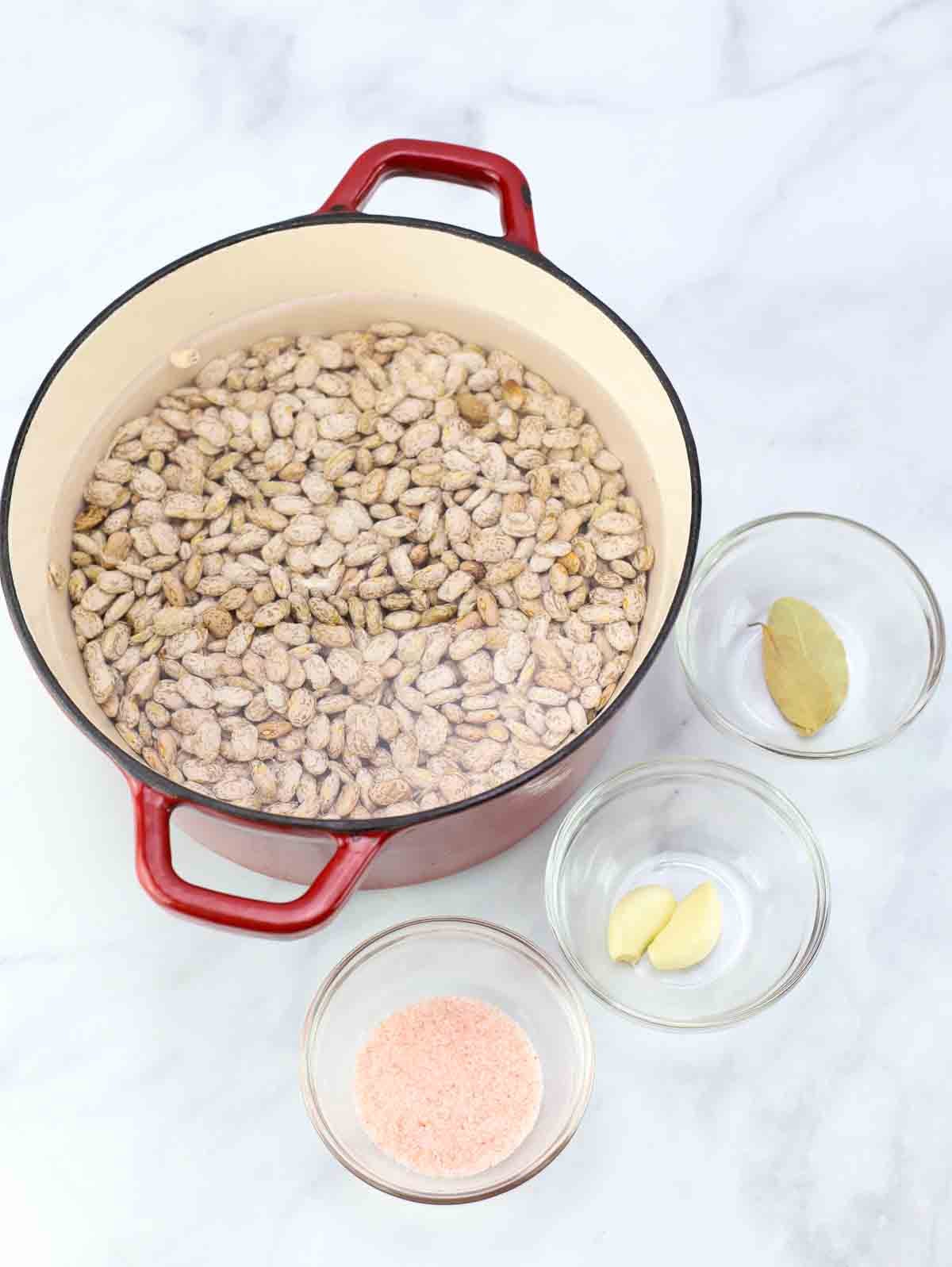 dry pinto beans being soaked in a stockpot before cooking.