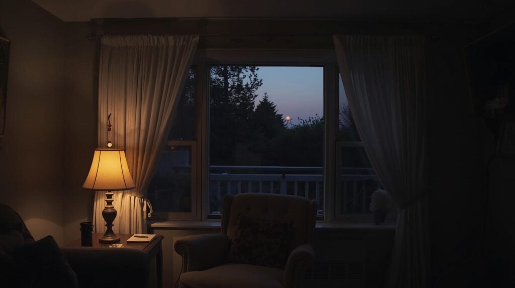 dimly lit living room in the early morning in front of a picture window.