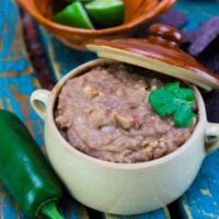mexican refried beans in a crock.