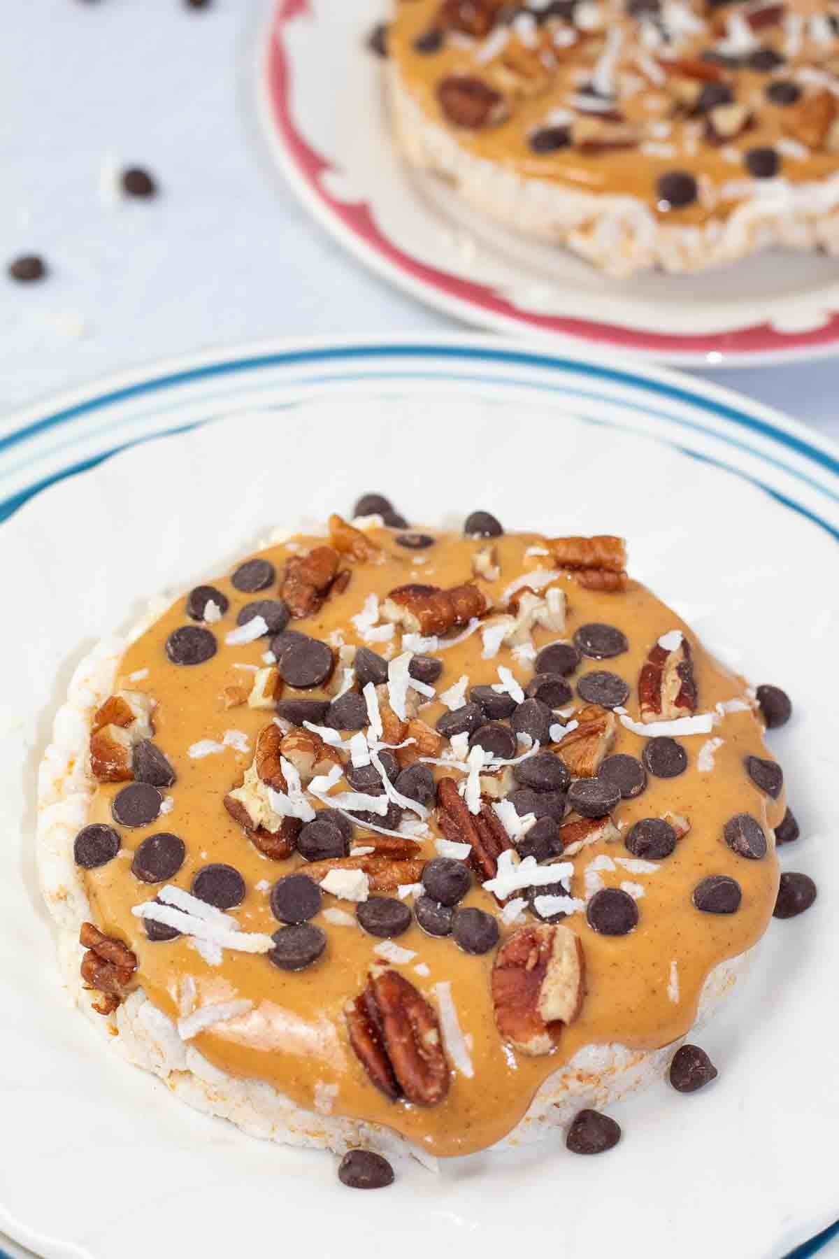 peanut butter, chocolate chips, pecans, and shredded coconut on a rice cake on a white plate.
