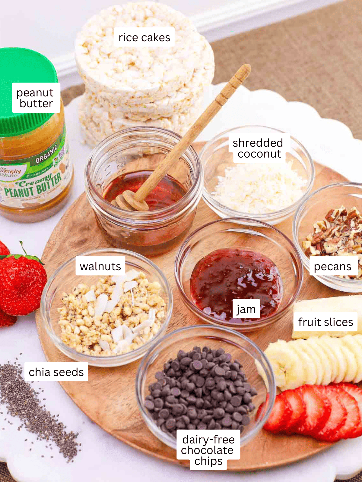 labeled ingredients for rice cake desserts in pinch bowls.