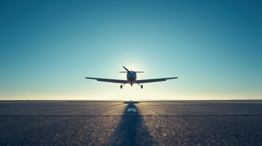 small airplane on a runway taking off.