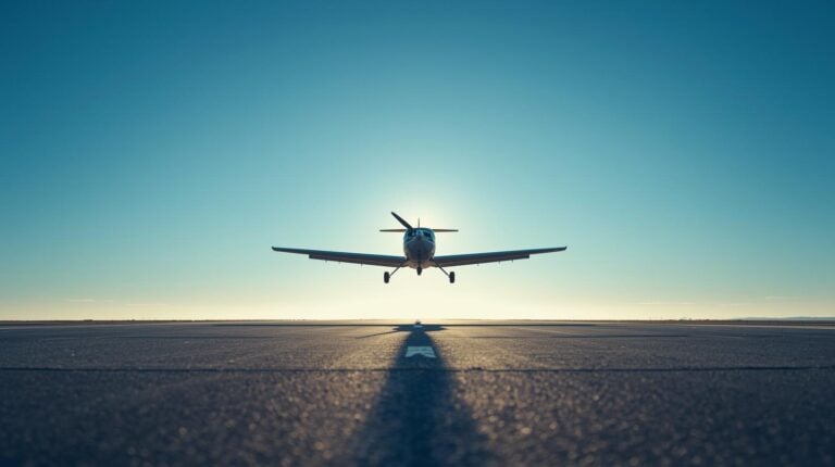 small airplane on a runway taking off.