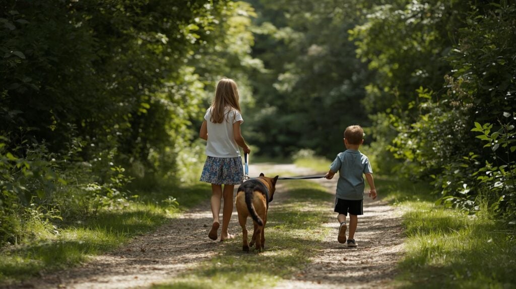 11 year old girl and 8 year old little boy on trail walk with dog.