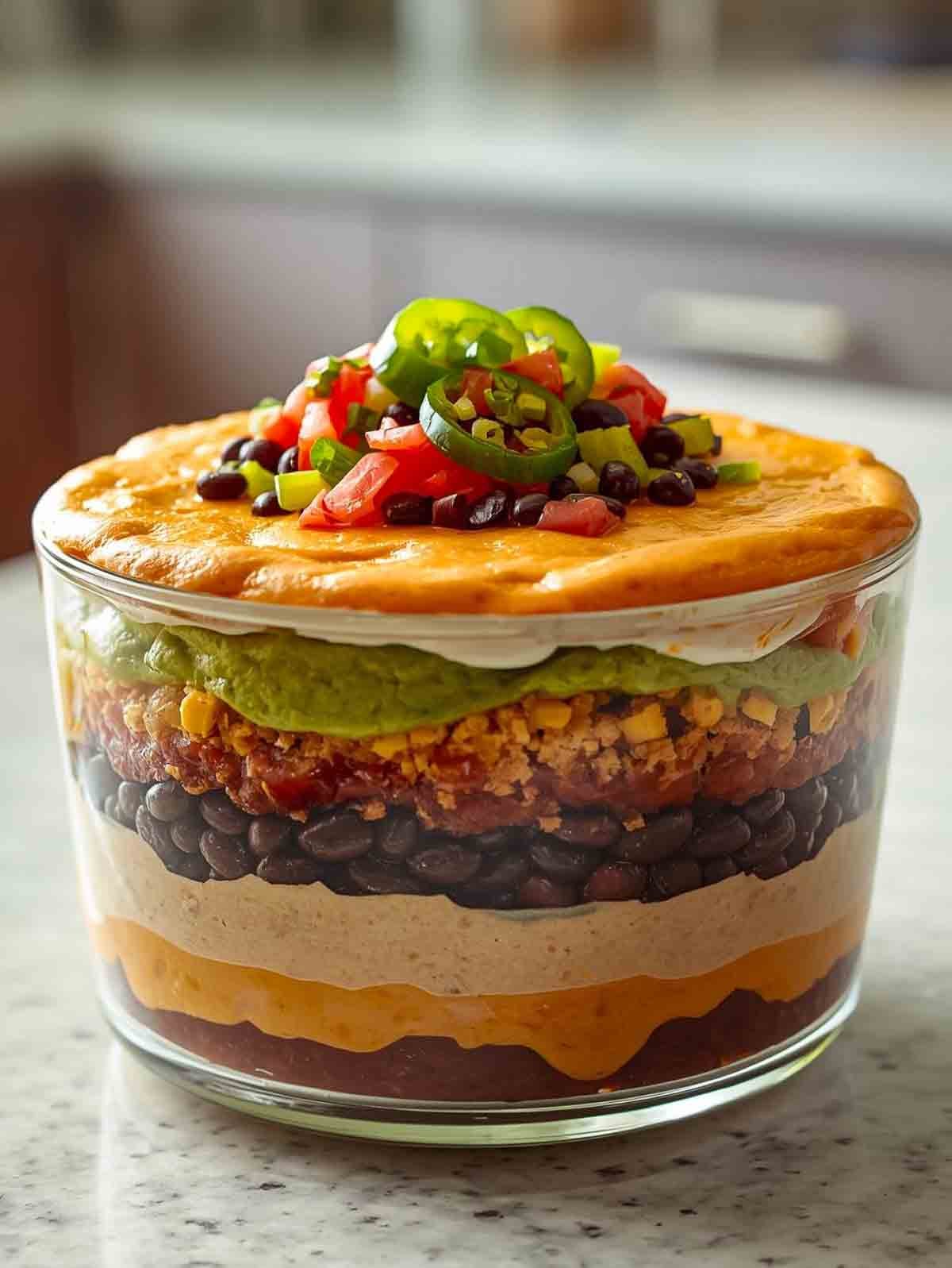 layered taco dip in a clear, straight edge, glass bowl.