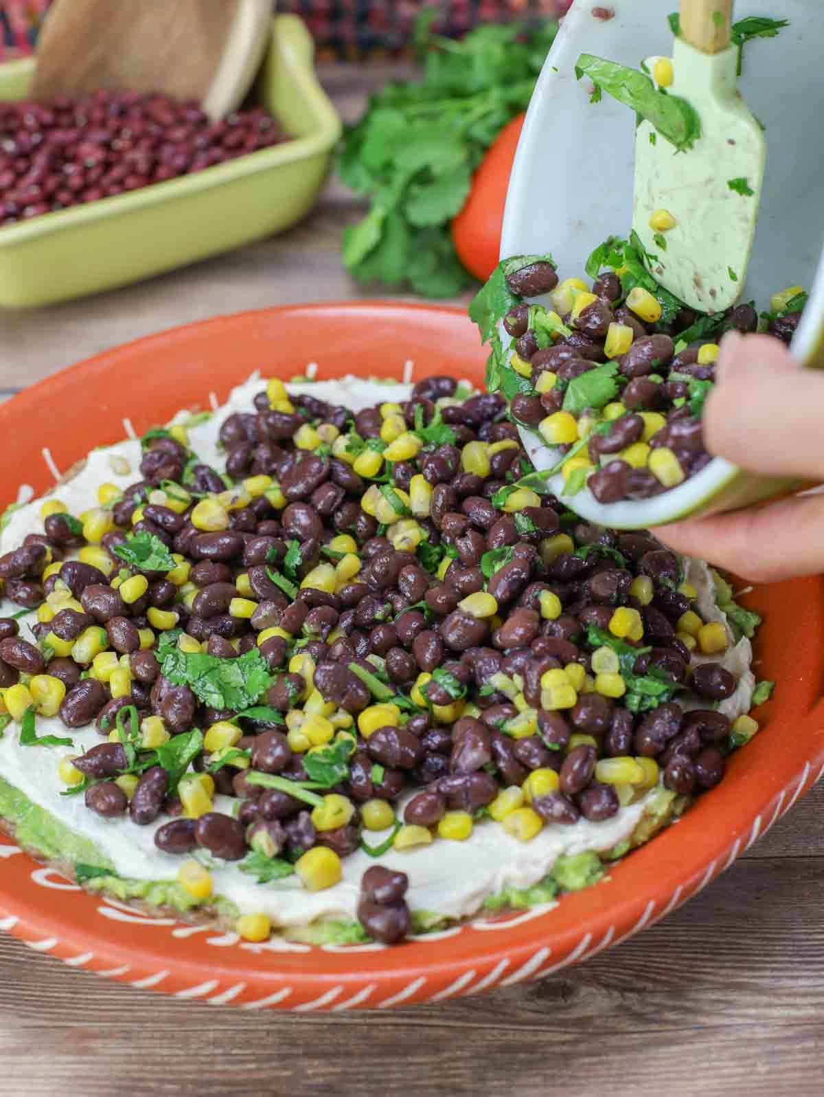 black bean and corn layer of 7-layer bean dip.