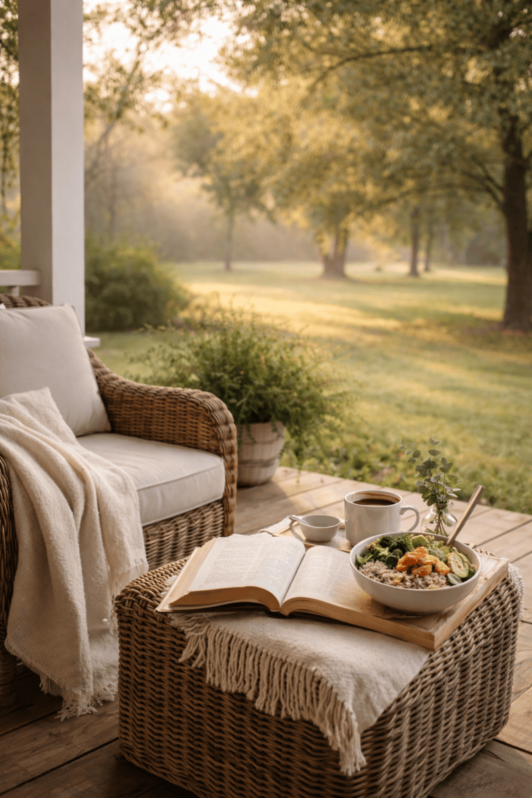 peaceful porch with a cozy chair and open Bible. and bowl of healthy food.