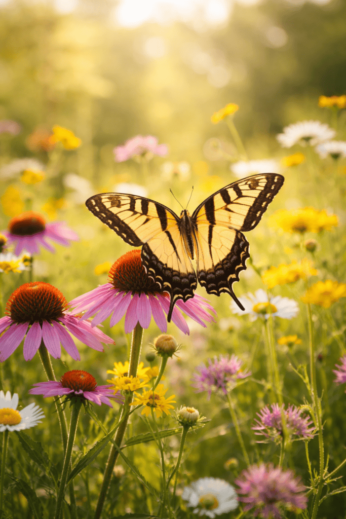 beautiful yellow and black butterfly on wildflowers.