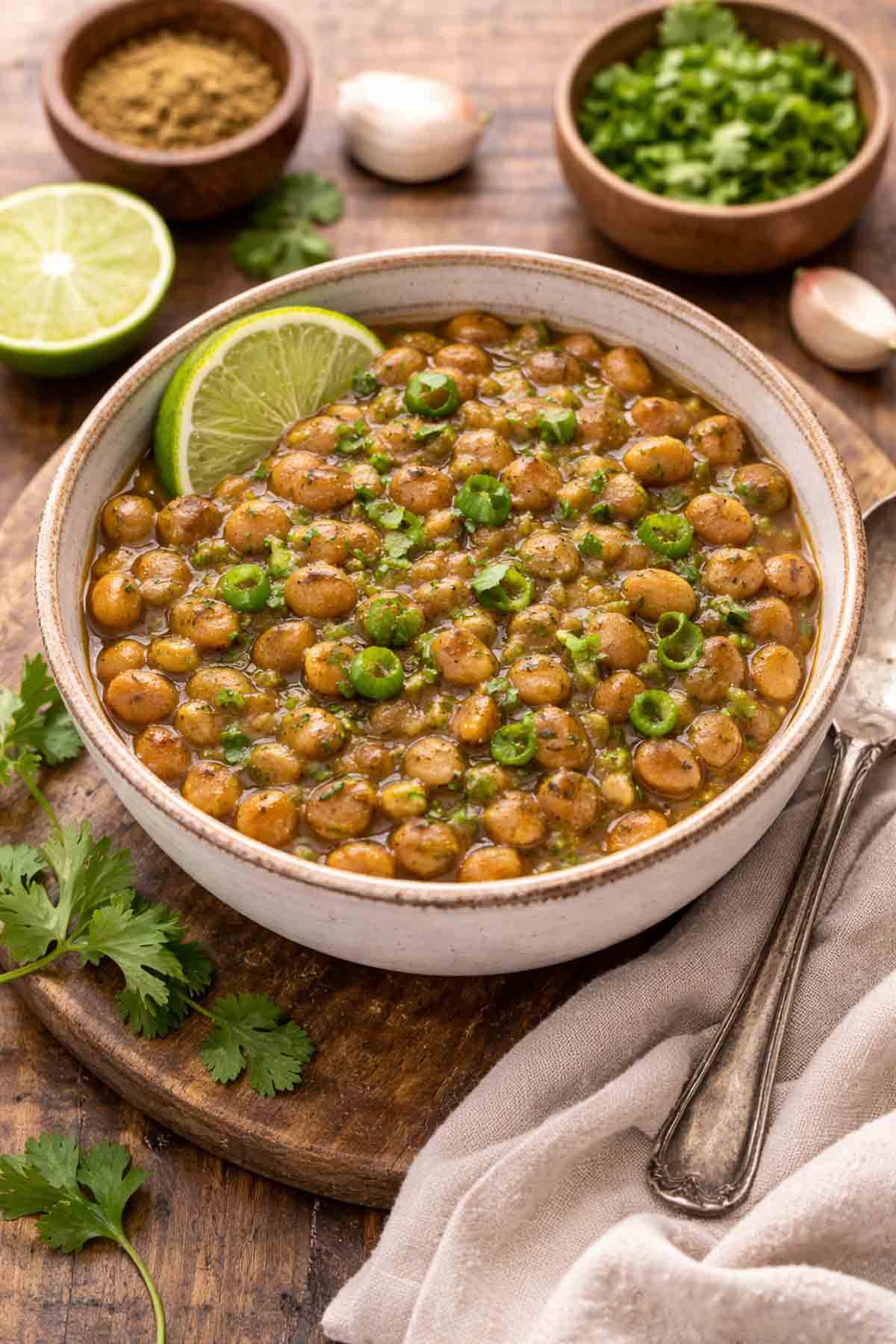 country crock bowl filled with seasoned pinto beans with herbs in background.