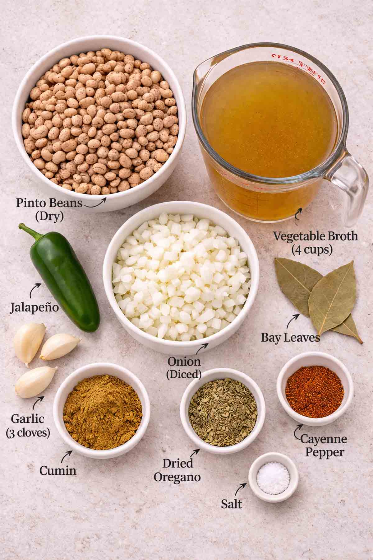 overhead shot of slow cooker pinto bean ingredients like dry pintos, vegetable broth, diced onion, garlic, jalapeno, and seasonings.