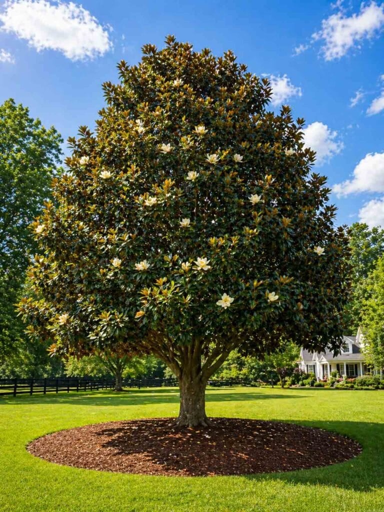 large magnolia tree in yard.