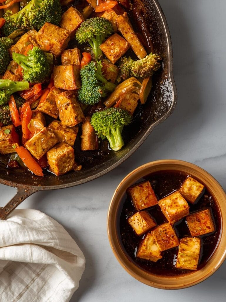 tofu in marinating sauce beside a pan of vegetable stir-fry.