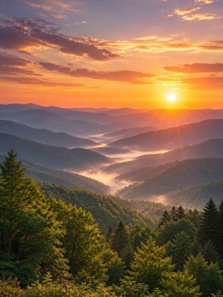 peaceful sunrise mountain scene.