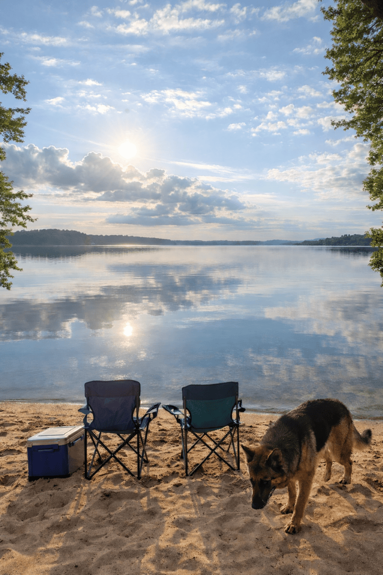 lade scene with sandy beach and 2 chairs, a cooler, and dog. sun and clouds reflecting on calm water.