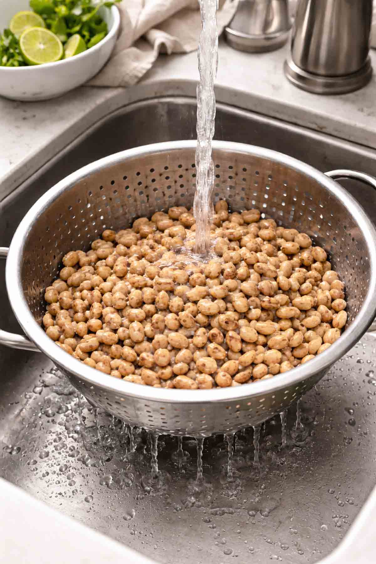 dry pintos being rinsed in a colander in a sink under running water.