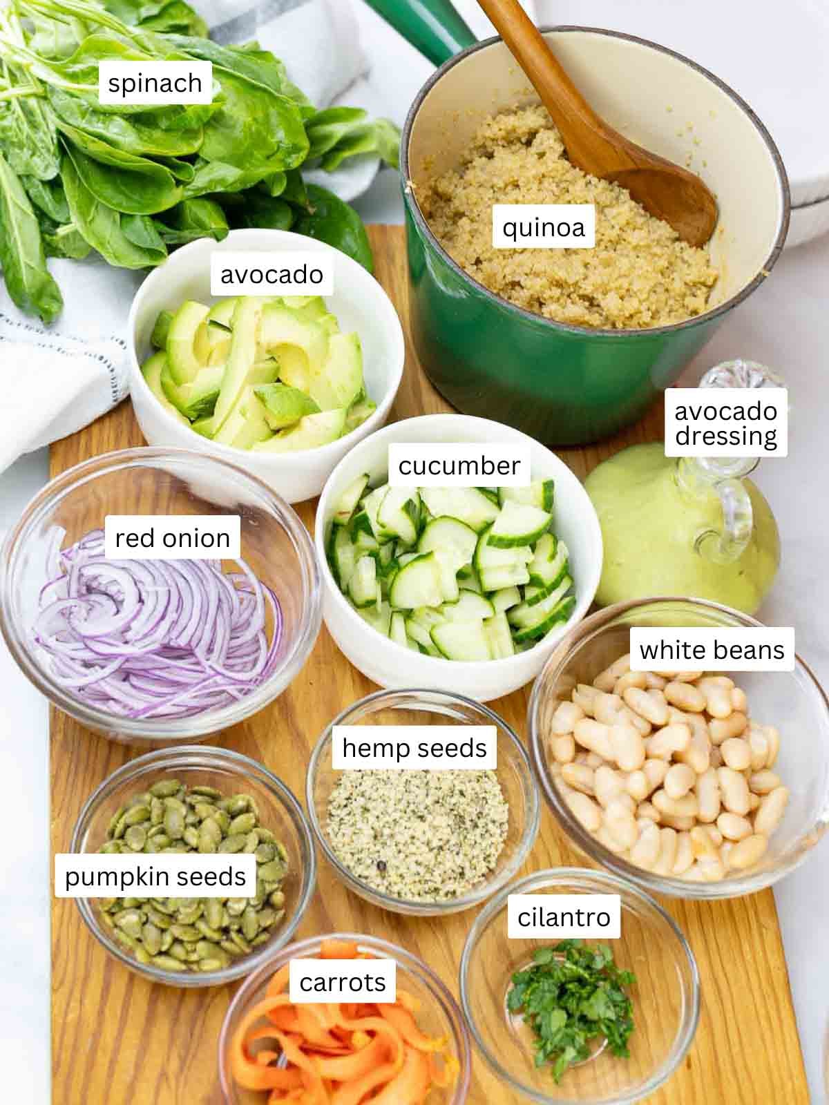 ingredients for high-protein veggie bowl labeled.
