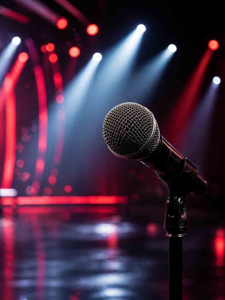 stage with lights and microphone.