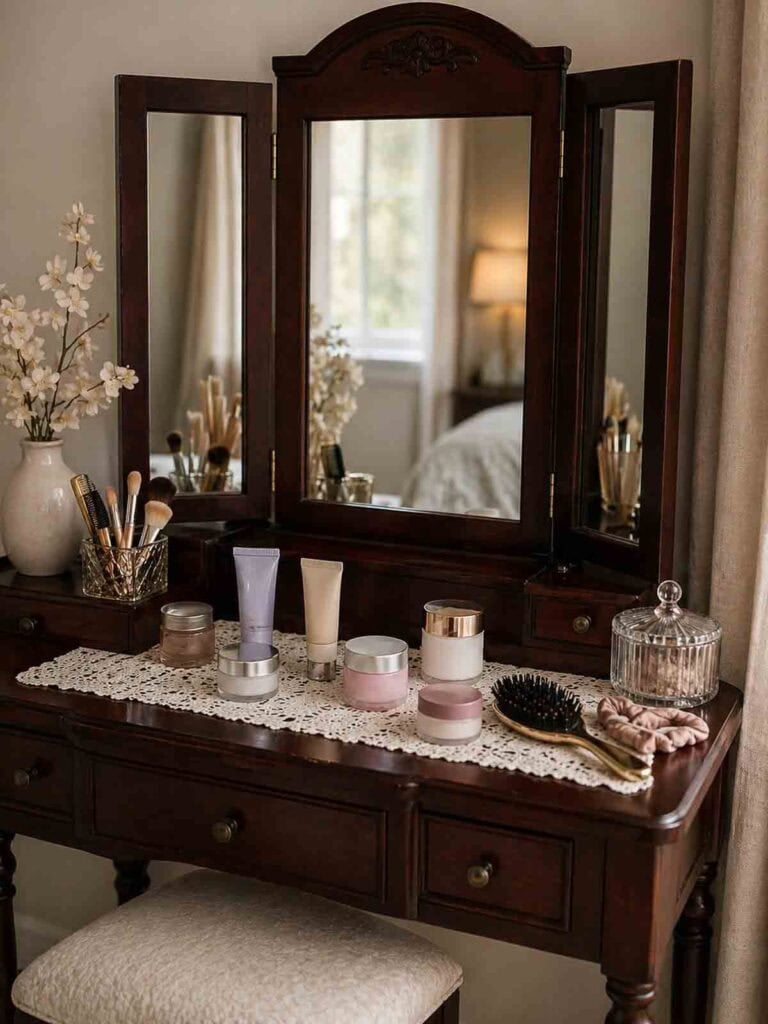 vanity with skin care products, makeup, etc.