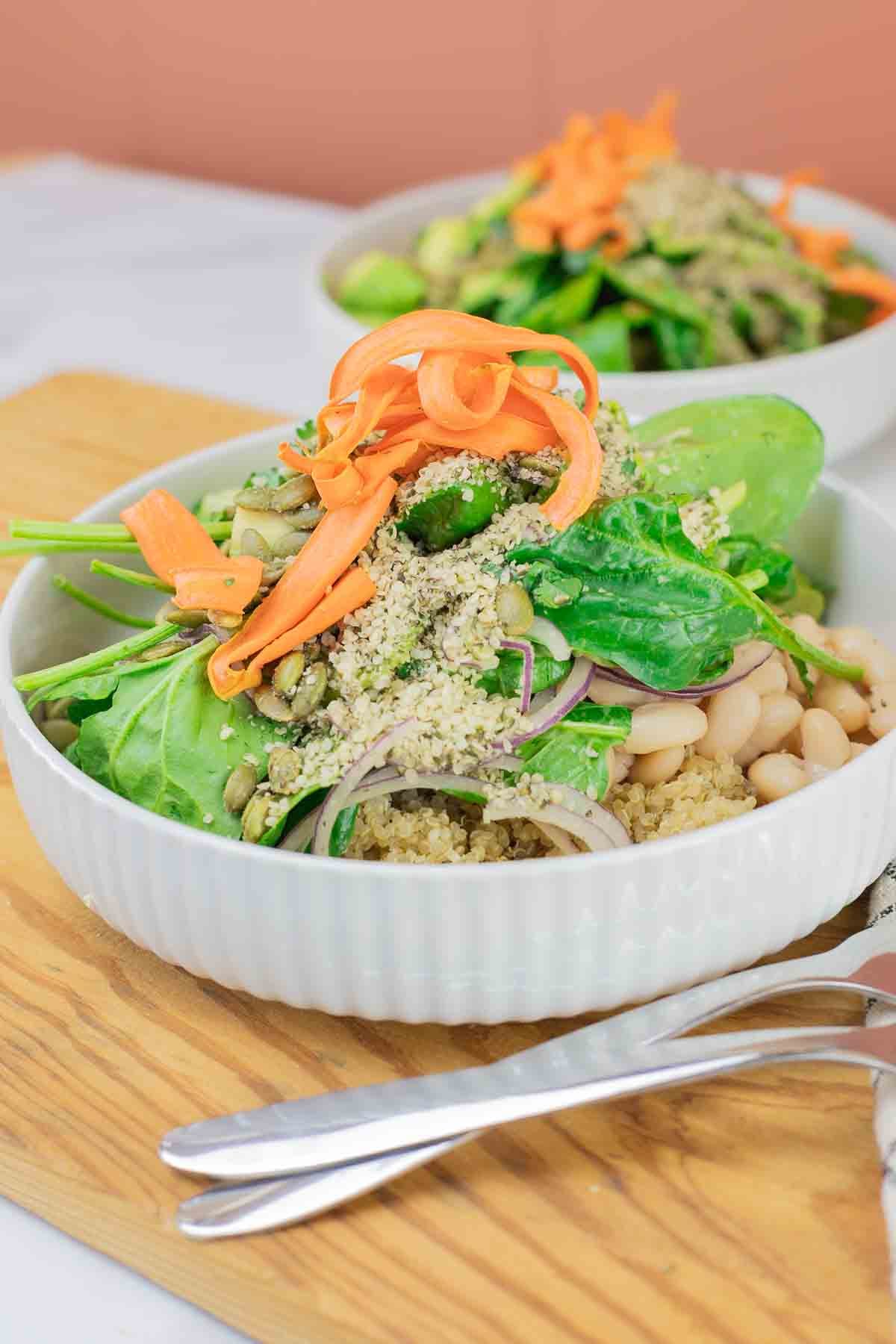 white bowl with quinoa, carrots, spinach, beans, onions, and seeds.